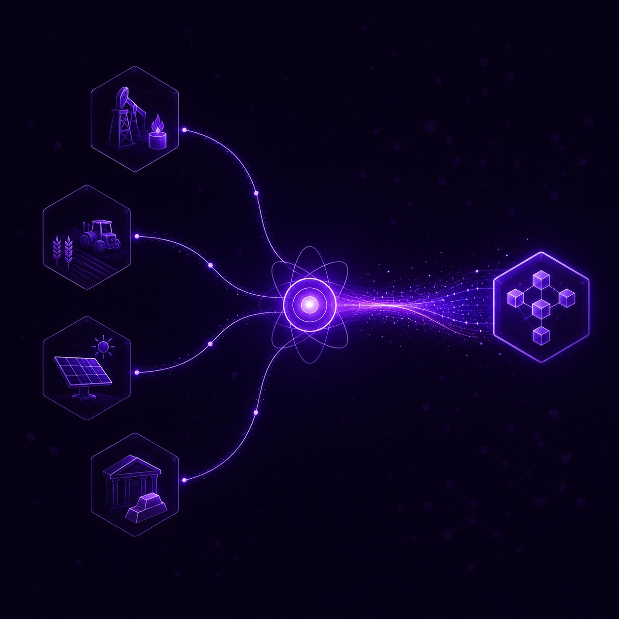 Real-world data sources flowing into a single verification node and out to the Spectral Ledger